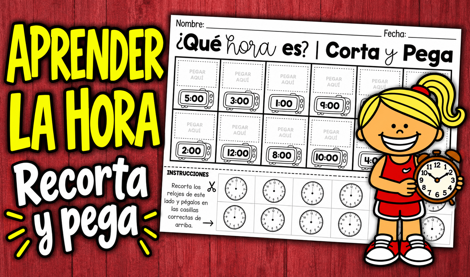 Aprender la hora | Fichas Recorta y pega para Imprimir Actividades de vuelta al cole en espanol - Aprender la hora | Fichas Recorta y pega para Imprimir