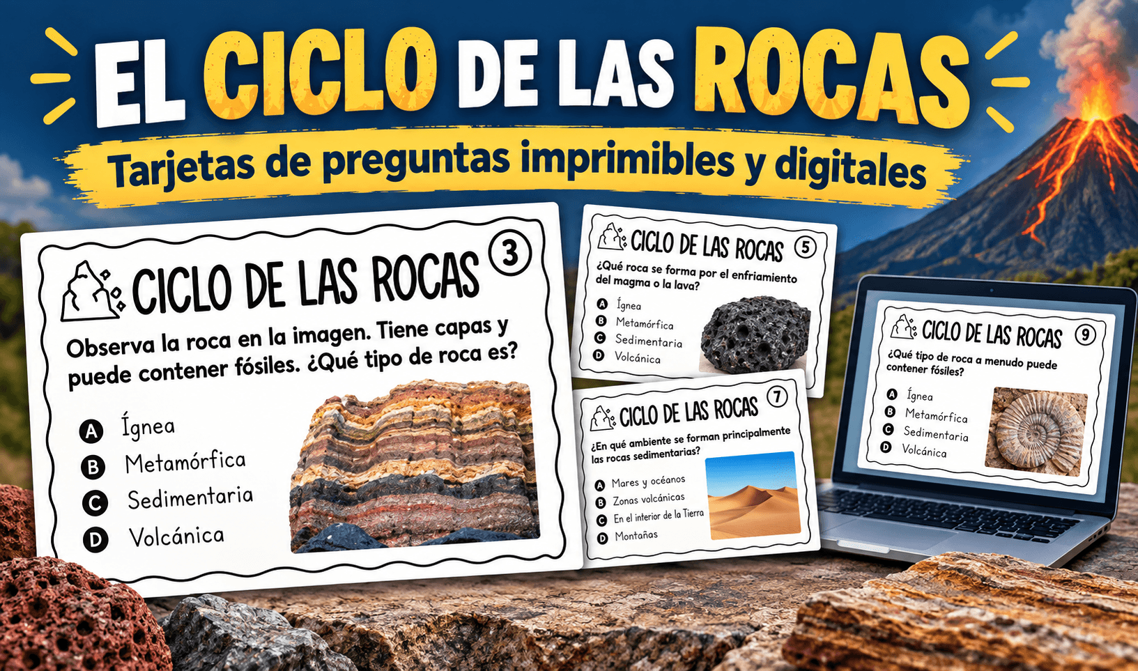 El ciclo de las rocas en español: tarjetas de preguntas imprimibles y digitales Actividades de vuelta al cole en espanol - El ciclo de las rocas en español: tarjetas de preguntas imprimibles y digitales